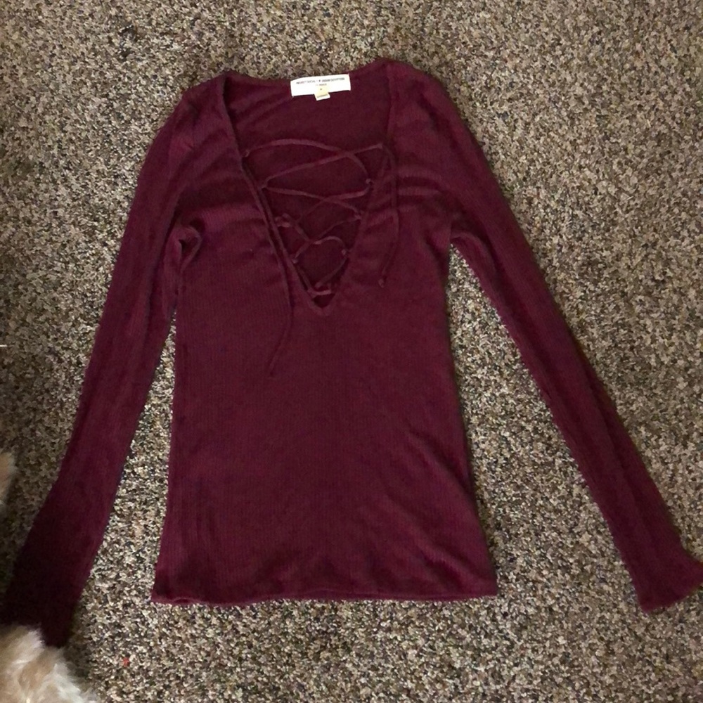 Long Sleeve Lace Up V-Neck Top